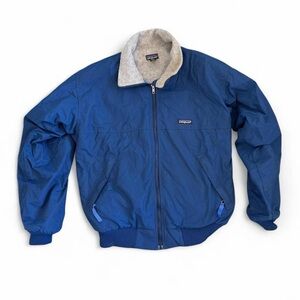 Patagonia Blue Bomber Jacket with Cream Sherpa Collar